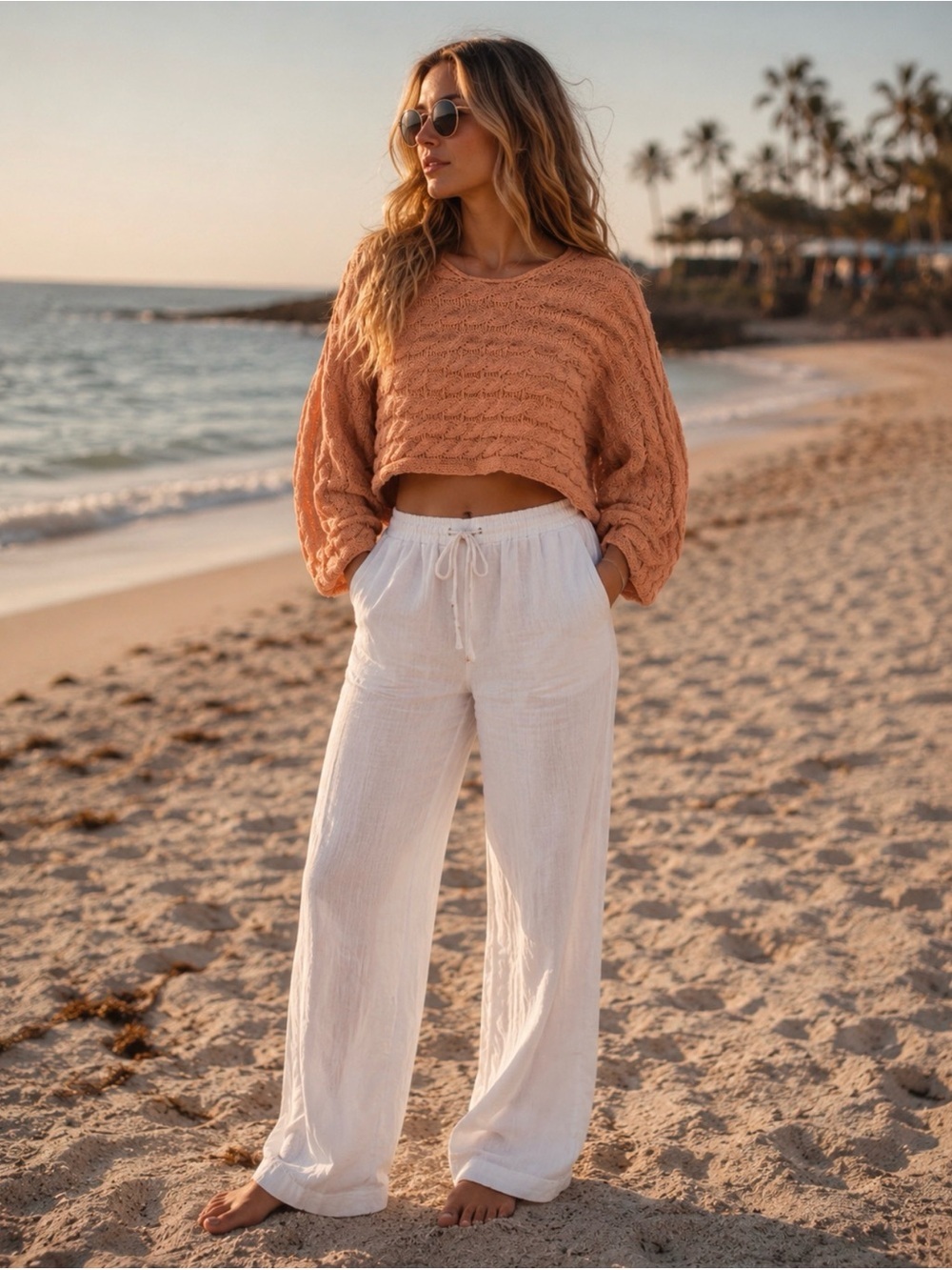 POL Cropped Cable Knit Sweater in Peach